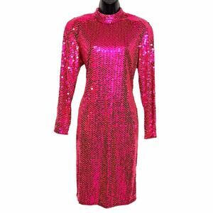VTG 80S 90S NIGHT LINE FUCHSIA SEQUIN DRESS LONG SLEEVE KEYHOLE BACK RETRO 12